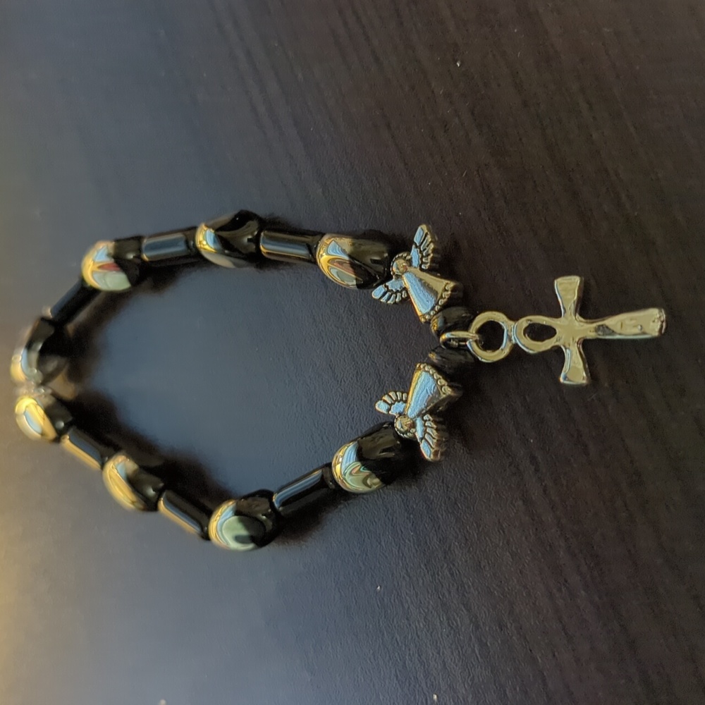 Black and Silver cross charm stretch bracelet